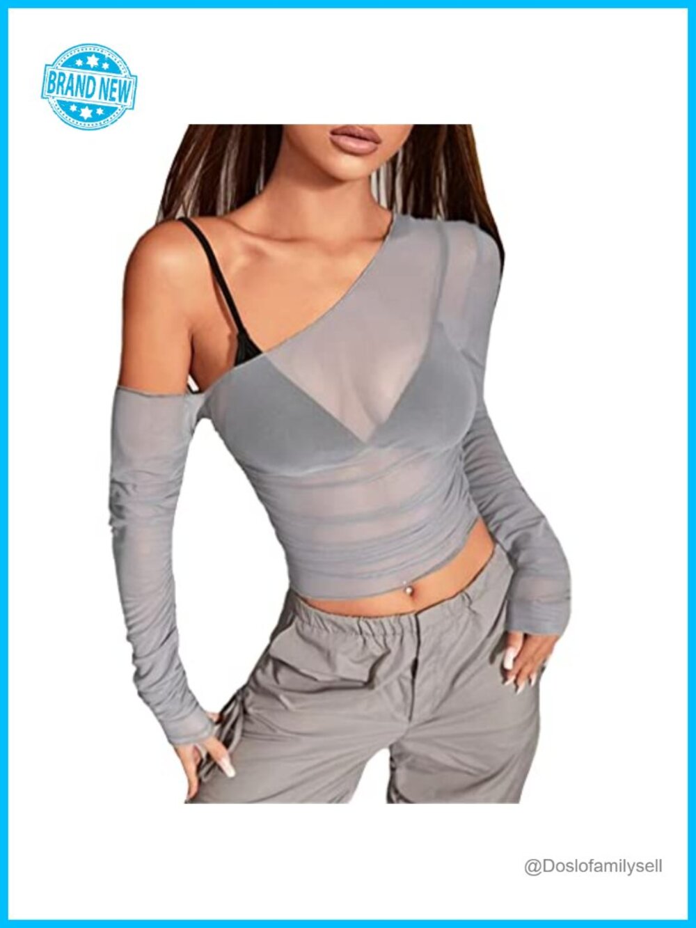 Women's Sheer Mesh Crop Top Long Sleeve Ruched Off Shoulder Clubwear
